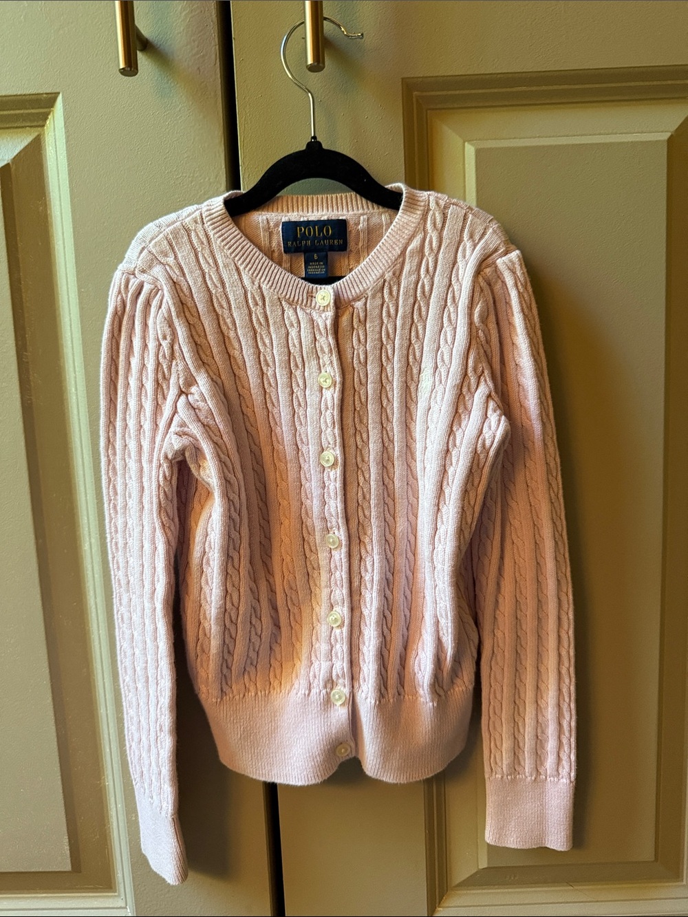 Polo by Ralph Lauren Pale Pink Cable-Knit Button Front Cardigan size 6